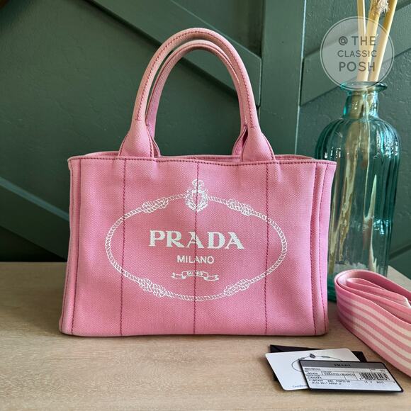 RARE Prada Canapa Small PINK Limited Striped Strap Tote Crossbody Bag - Picture 4 of 16
